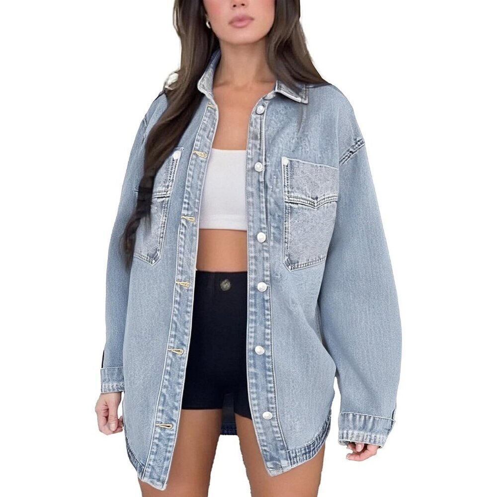 Women's Denim Jacket Wash Jean Jacket Coats With Pockets Oversized Light Blue